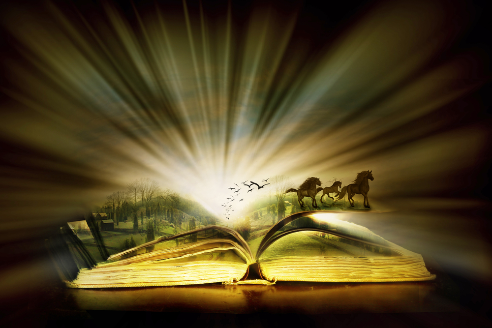 A magical land emerging from a shining book